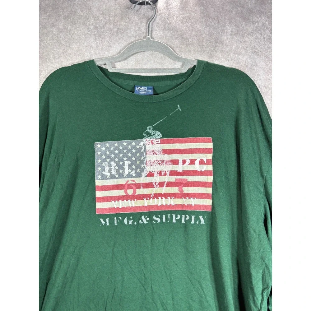 Polo Ralph Lauren T-Shirt Mens XL Green American Flag Graphic Long Sleeve Cotton